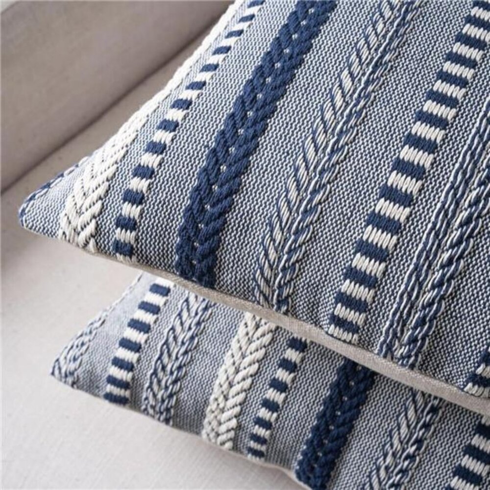 New West Elm Set 2 Navy Blue Boho Embroidered Throw Pillow Case Cover Sham 18x18 - Picture 4 of 9